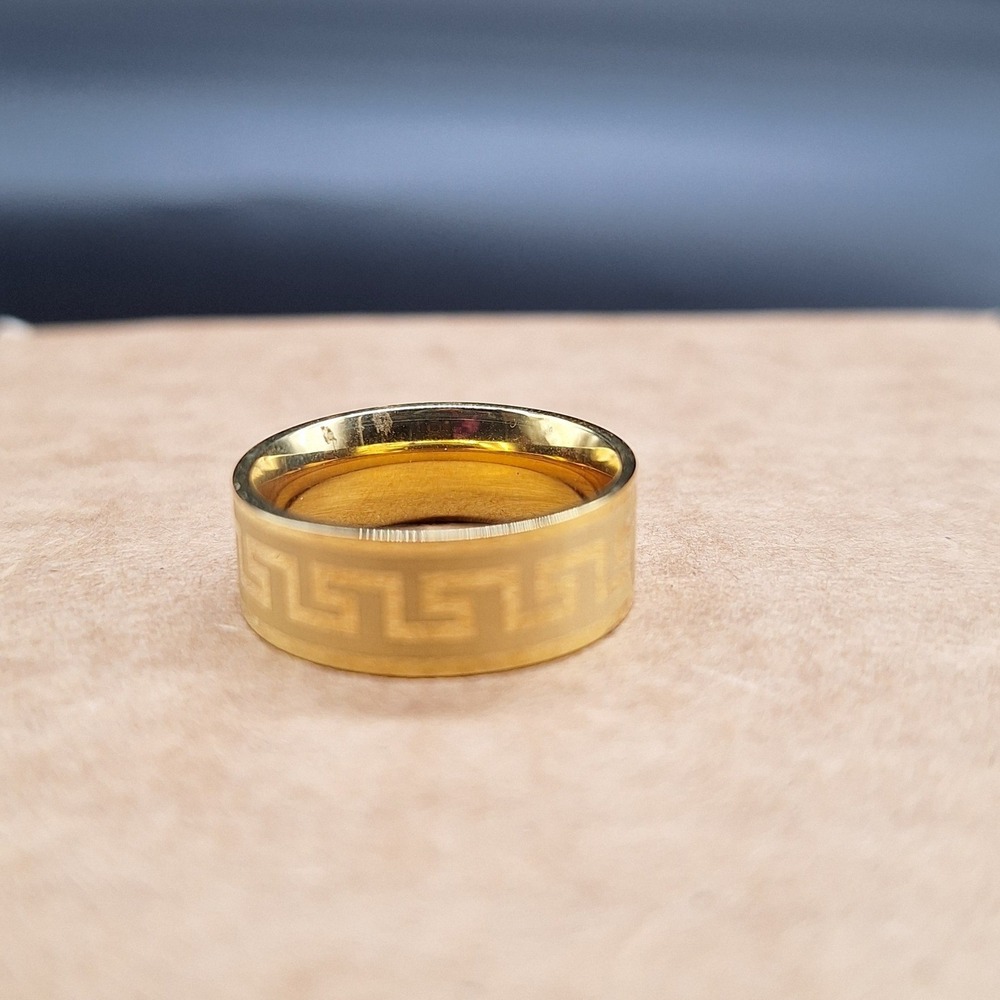 Gold Tone Greek Key Band Ring Size 9.5 Polished Etched Meander Pattern 8mm